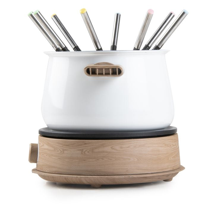 Domo Fondue-Set DO736F – Edelstahl, 2 l, 8 Gabeln, elektrisch – weiss/Holz