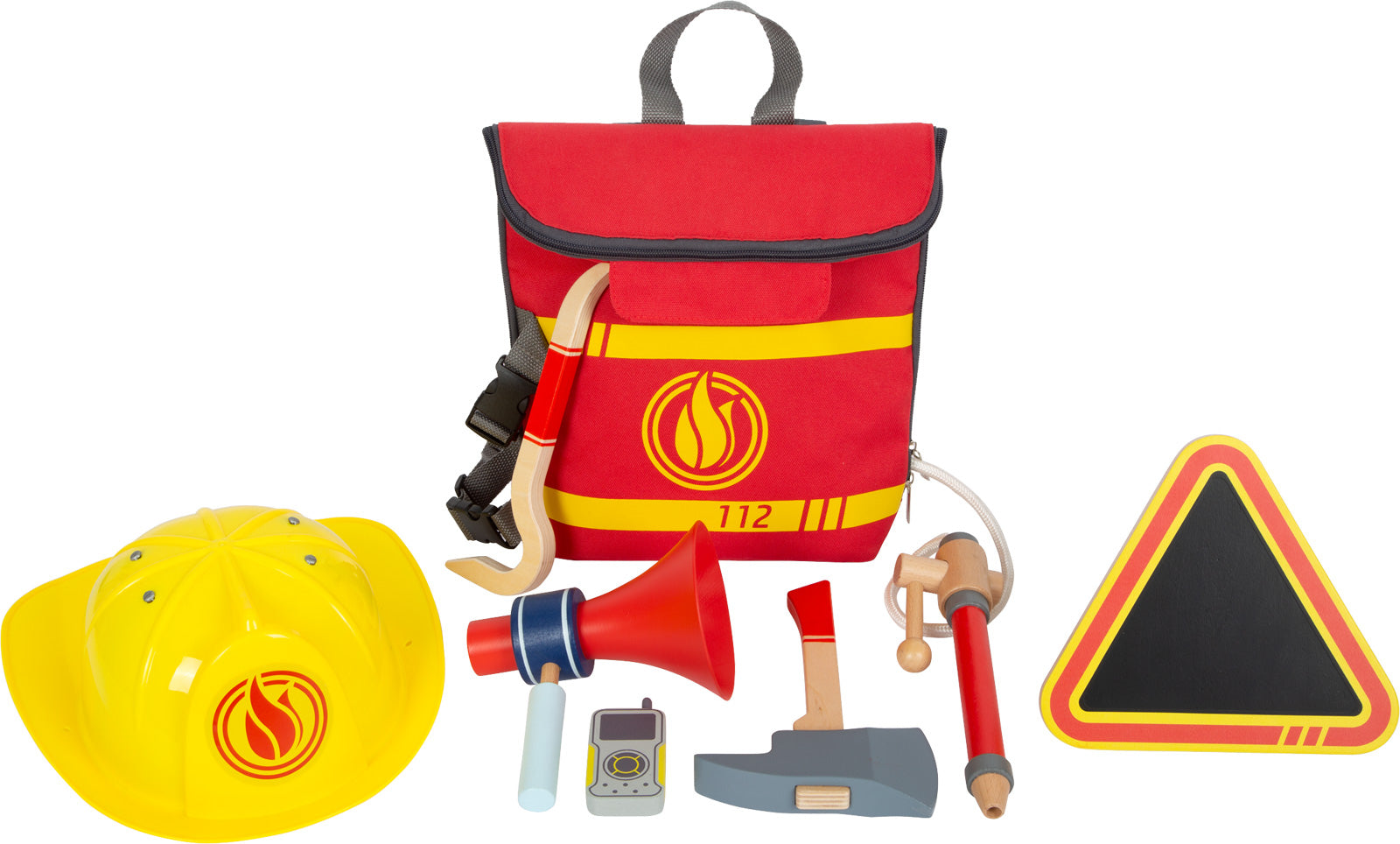 Small foot Feuerwehrrucksack – 25,0 × 26,0 × 10,0 cm – gelb/rot – ab 3 J. – Stoff, Kunststoff, Holz