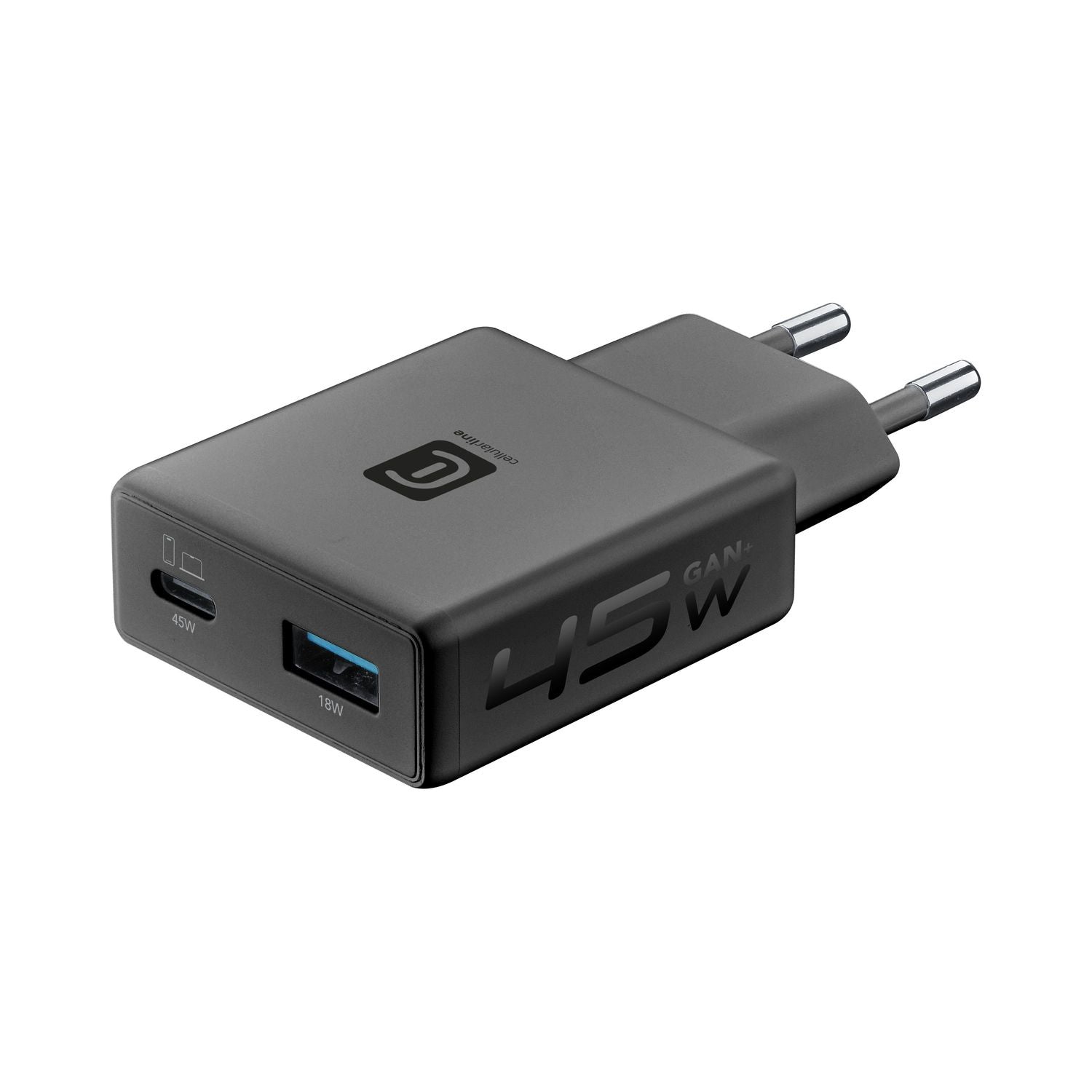 Cellularline Power Charger Lite Slim Dual USB-Ladegerät 45 W – USB-C×1, USB-A×1, PD, GaN – Schwarz