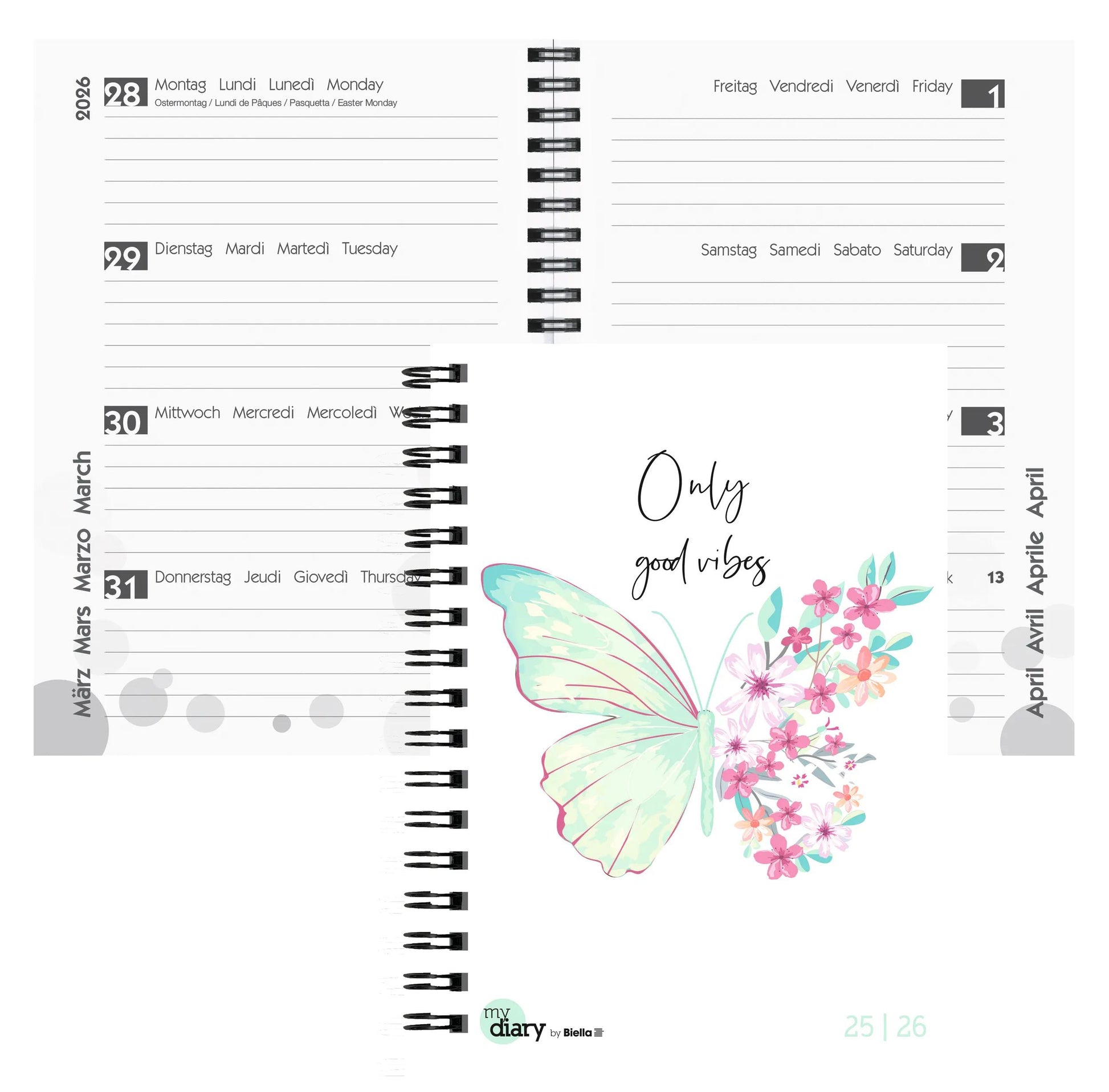 Biella mydiary Schüleragenda – 1 Woche/2 Seiten, Spiralbindung, A5, Aug–Jul, Style, FSC