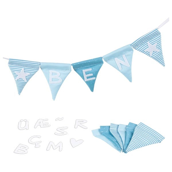 Goki Buchstabenwimpelkette – 1,5 m – Wimpel 7,5 × 10 cm – Stoff, blau