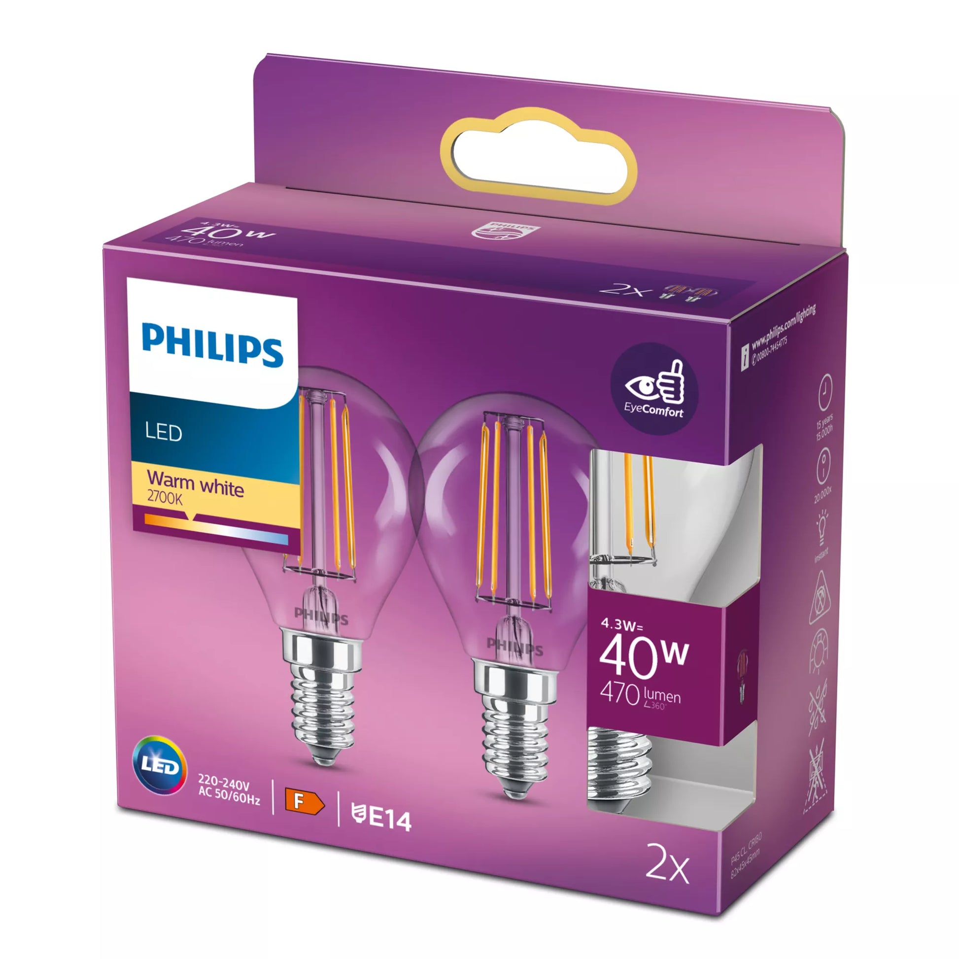 Philips by Signify Philips LED-Leuchtmittel E14 P45 – 470 lm, 4,3 W, Warmweiss 2700 K – 2 Stk. – Klar