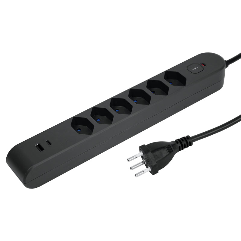Steffen Standard Steckdosenleiste, 6×T13, 1×USB‑A 18 W + 1×USB‑C PD 20 W, mit Schalter, 3 m – Anthrazit