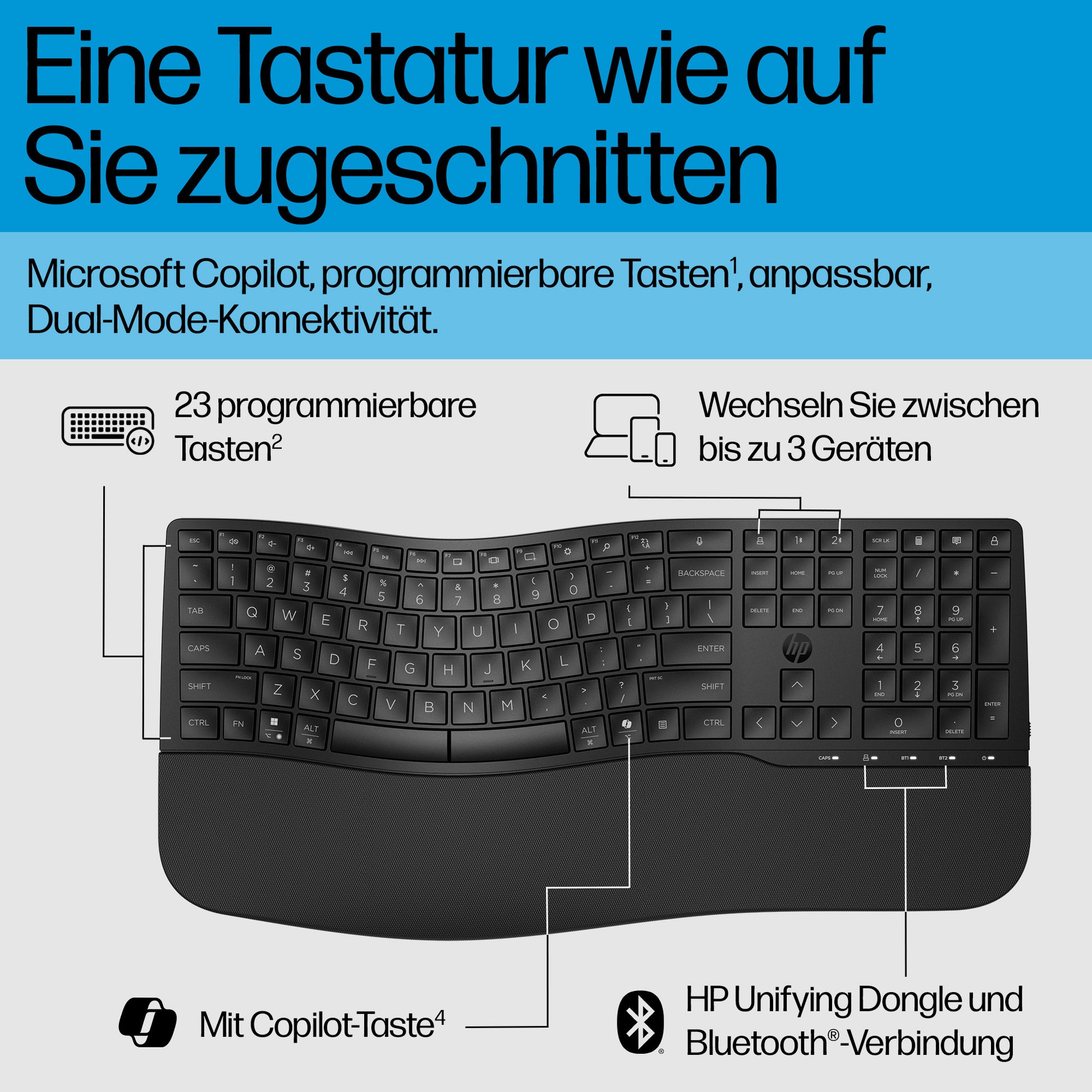 HP Tastatur – 680 Comfort Dual-Mode, Kabellos (RF + Bluetooth), Volle Grösse (100%)
