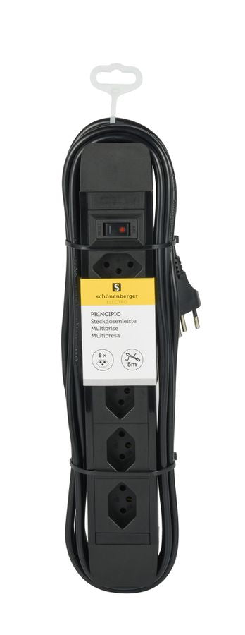 M. Schönenberger Schönenberger Standard Steckdosenleiste, 6×T13, mit beleuchtetem Schalter, 5 m, Eingang T12, IP20 – Schwarz