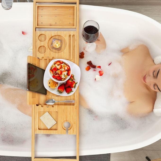 Relaxdays Badewannenablage – 105×22×3,5 cm, Bambus (100%), freistehend, Hellbraun