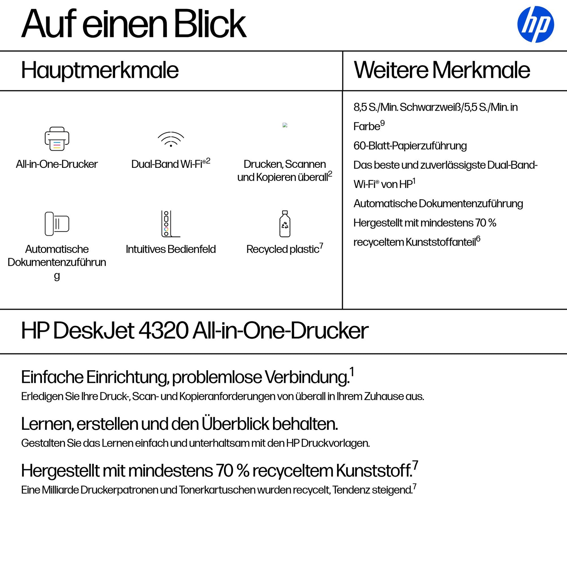 HP Deskjet 4320 Wireless – Farbtintenstrahl-Multifunktionsdrucker, A4, 3-in-1, Duplex, ADF, WLAN, AirPrint
