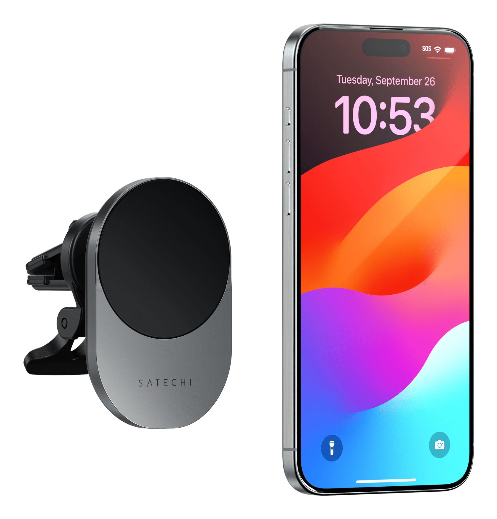 Satechi Kfz-Ladegerät, kabellos, Qi2, 15 W – für Smartphones – Schwarz/Grau