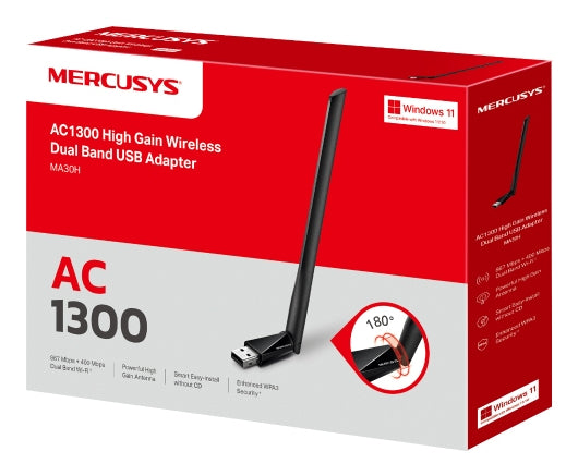 Mercusys MA30H USB WLAN Adapter – Wi-Fi 5 (802.11ac), bis zu 1'300 Mbit/s, Dual-Band 2,4/5 GHz, USB 2.0 – Schwarz