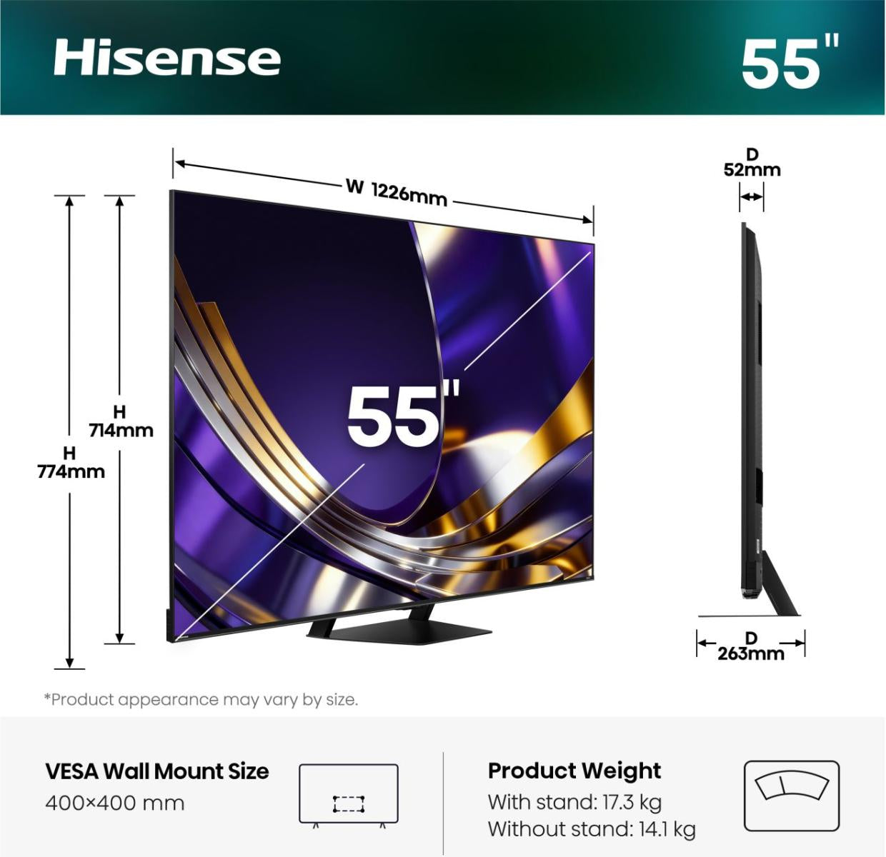 Hisense 55U7DS PRO – 55" TV – 4K UHD – Mini-LED – VIDAA – 165 Hz – 3000 cd/m² – Dolby Vision IQ, HDR10+
