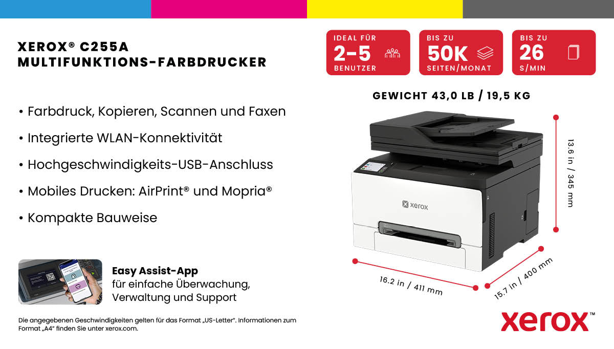Xerox C255A – Farbe, A4, Duplex, WLAN, LAN, USB, 26 ppm, AirPrint, Mopria