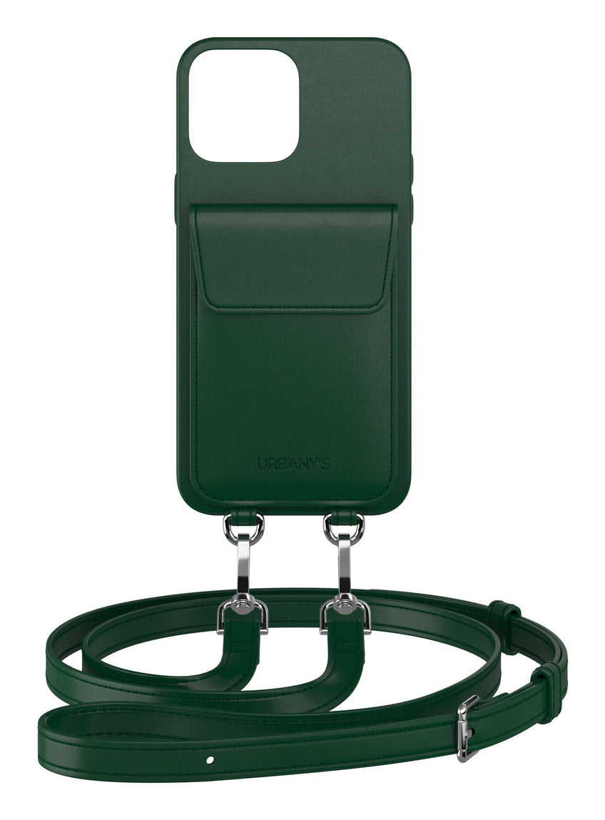 Urbany's Necklace-Hülle – für Apple iPhone 16 Plus – Grün – Recycling-Leder – mit Kartenfach, mit Kordel