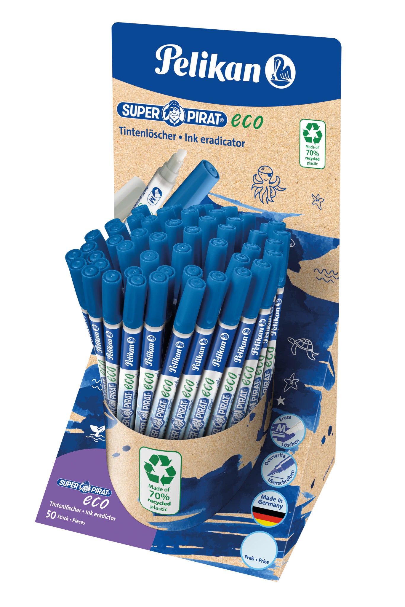 Pelikan Tintenlöscher Super Pirat eco 850M – Keil – Blau – Display 50 Stk.