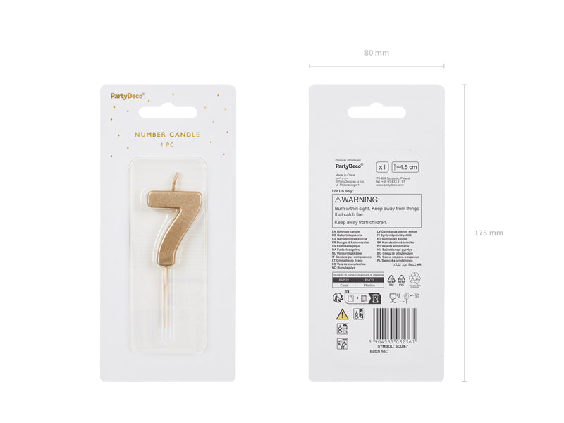 PartyDeco Geburtstagskerzen Zahl 7 – Gold – 4,5 cm – 1 Stk