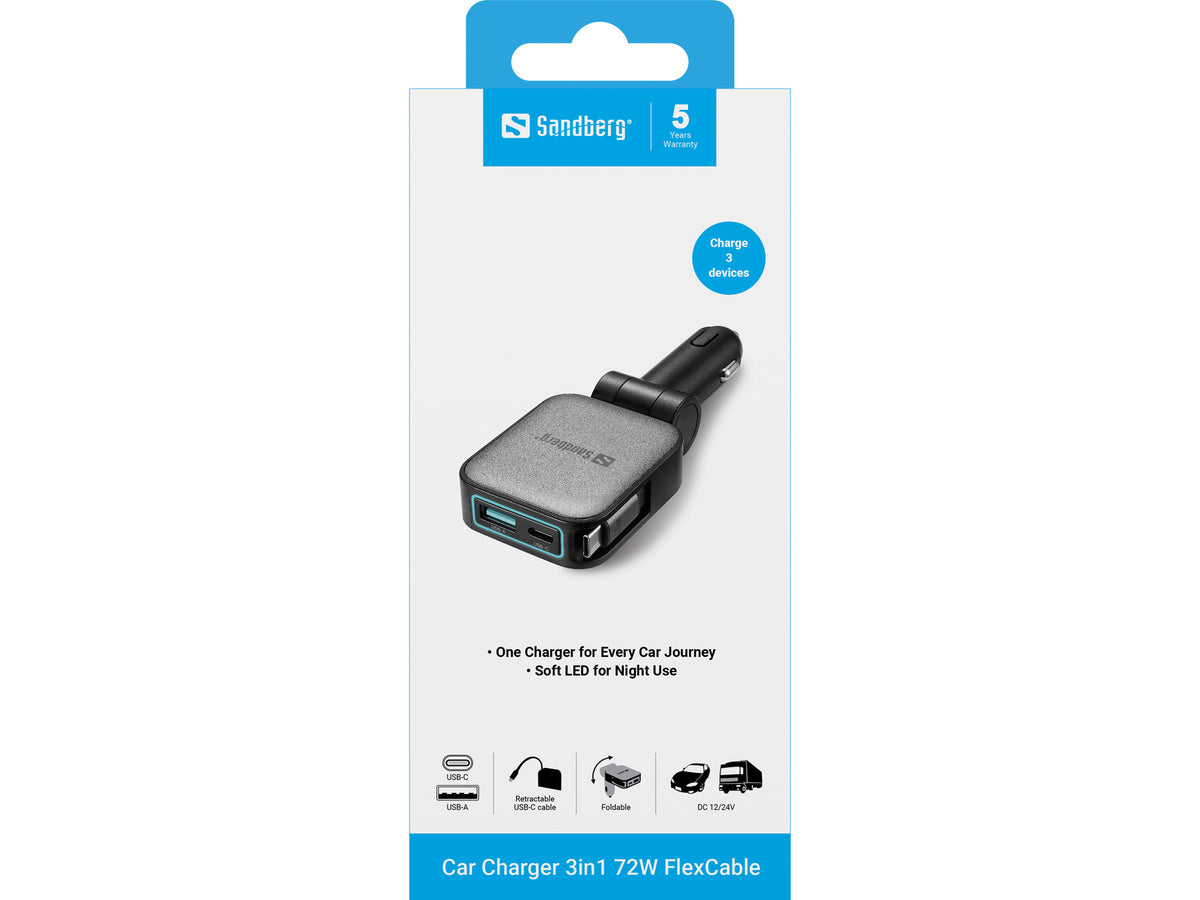 Sandberg 441-82 Auto-Ladegerät 72 W – USB-C×1, USB-A×1 – PPS – für Smartphone, Tablets u. a. – 12–24 V