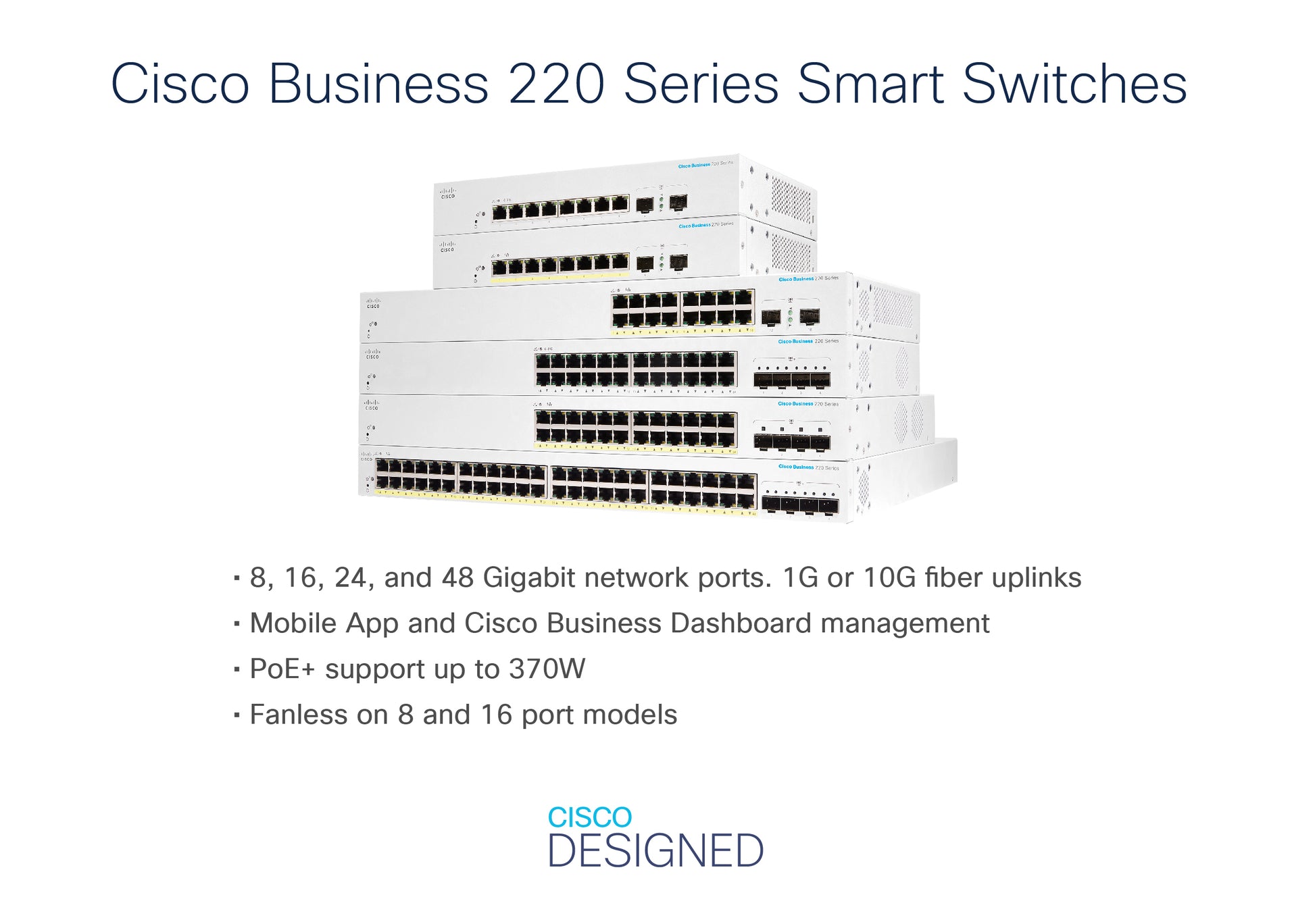 Cisco CBS220-24P-4G – Managed L2 Switch – 24× 1G, 4× SFP, PoE, PoE-Budget 195 W, 19", 1U