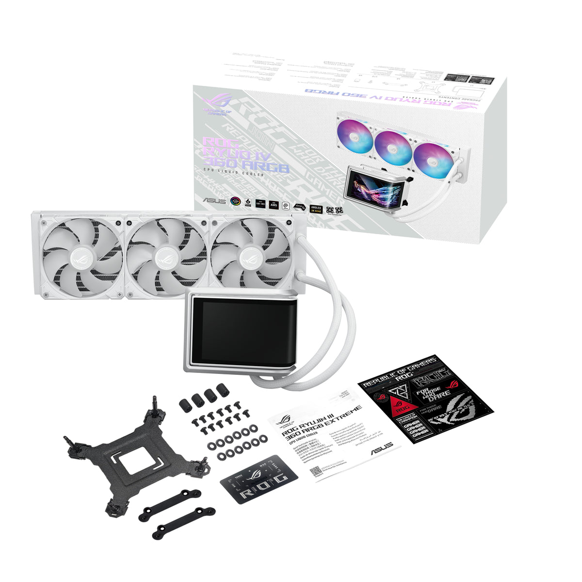 ASUS ROG RYUO IV 360 ARGB WHT – AIO Flüssigkeitskühler – 360 mm, 3×120 mm Lüfter, AMOLED Display, Weiss
