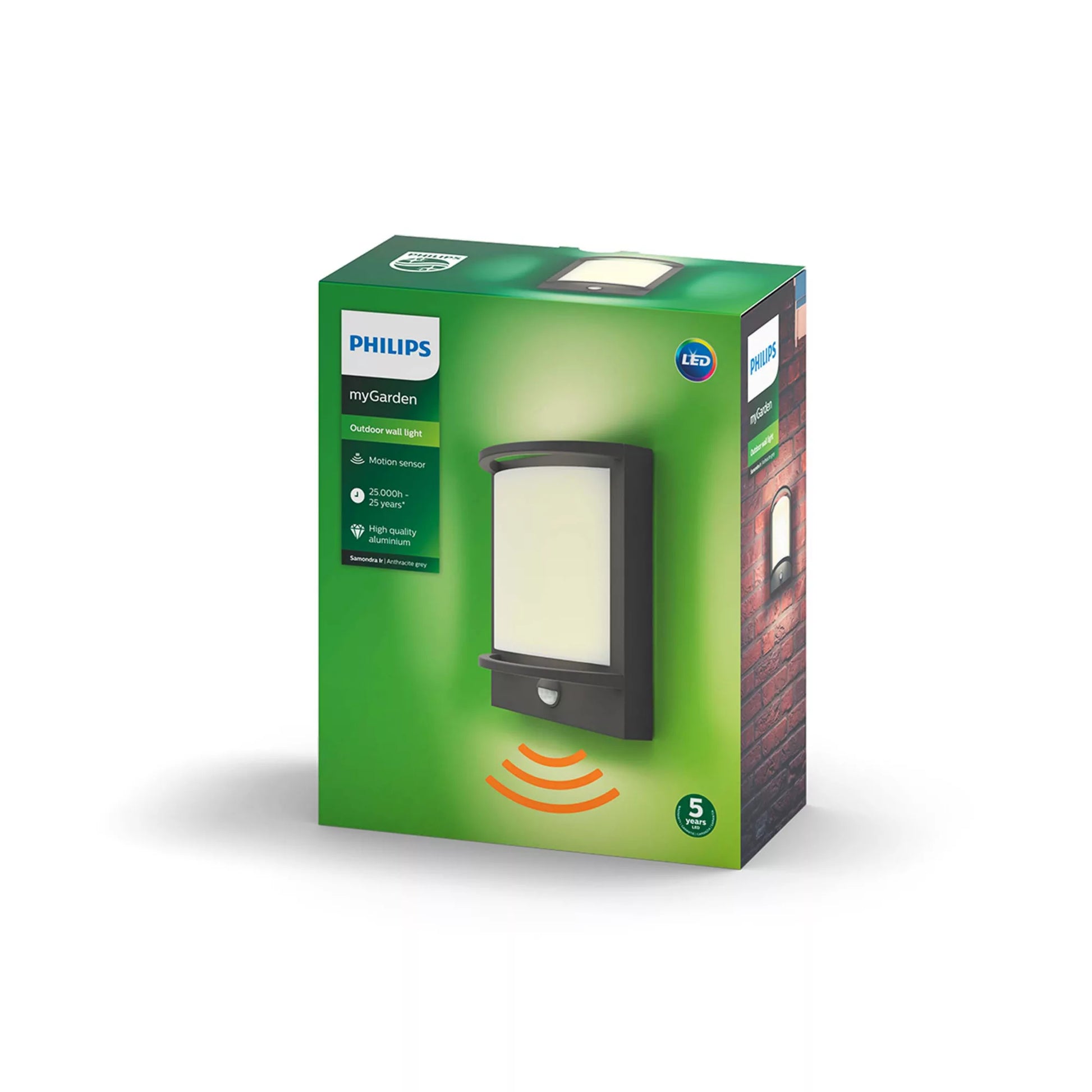 Philips by Signify Philips Aussenwandleuchte – Warmweiss, 2700 K – IP44 – Netzbetrieb – mit Bewegungsmelder – Grau – Aluminium