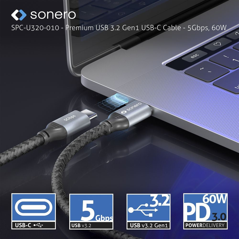 Sonero – USB-C auf USB-C Kabel – USB 3.2 Gen 1 (5 Gbit/s) – 0,5 m – PD 60 W – Geflochten – Schwarz/Grau