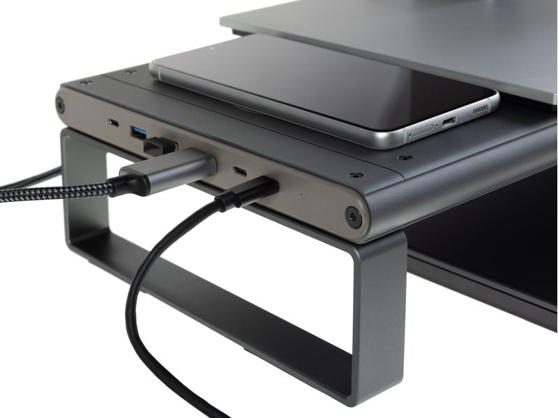 ONIT Charge – Monitorhalterung, Standfuss, bis 49", 20 kg, Qi-Ladepad, Silbergrau