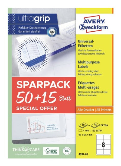 Avery 4782-65 – Etiketten A4 97 × 68 mm – Papier, weiss – Permanent haftend – Laser/Inkjet – 8 pro Blatt, 65 Blätter