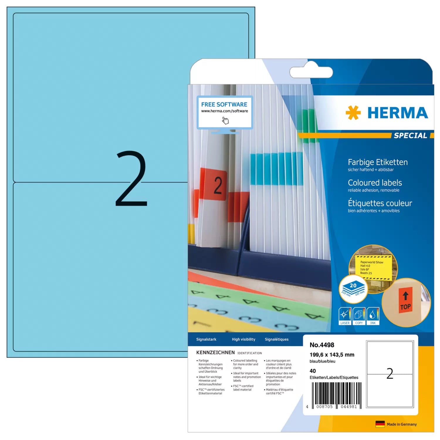 HERMA Druckeretiketten, 200 mm × 144 mm, blau, Papier, wiederablösbar, 40 Etiketten (20 Blätter)