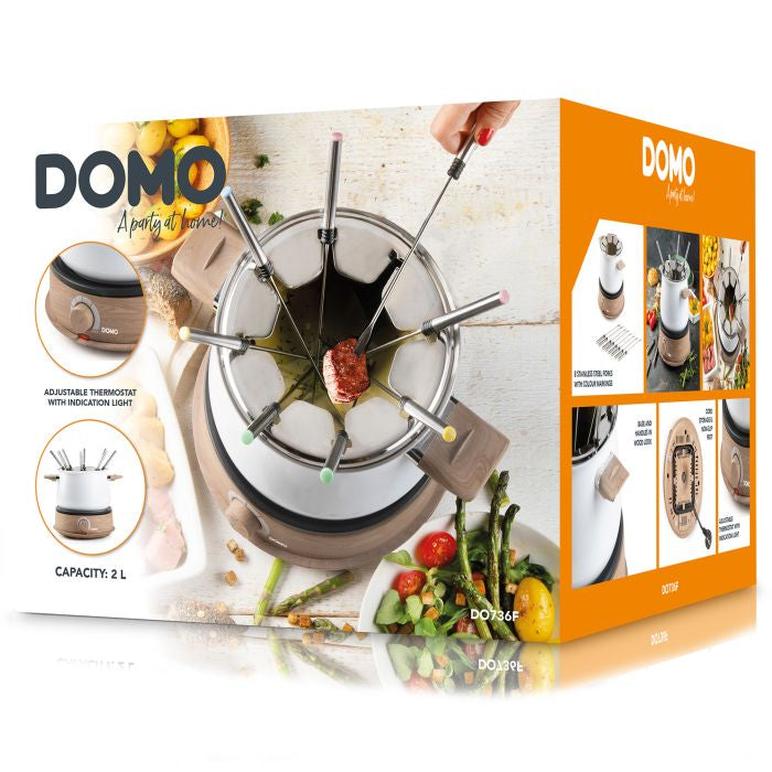 Domo Fondue-Set DO736F – Edelstahl, 2 l, 8 Gabeln, elektrisch – weiss/Holz