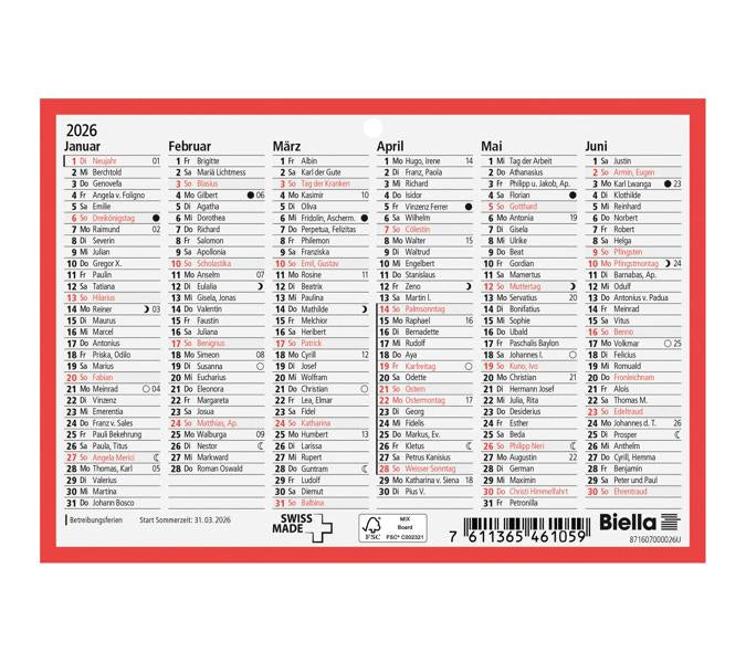 Biella Tafelkalender – Deutsch – 2026 – Notizfeld, Lochung – 16,5 × 11,5 cm