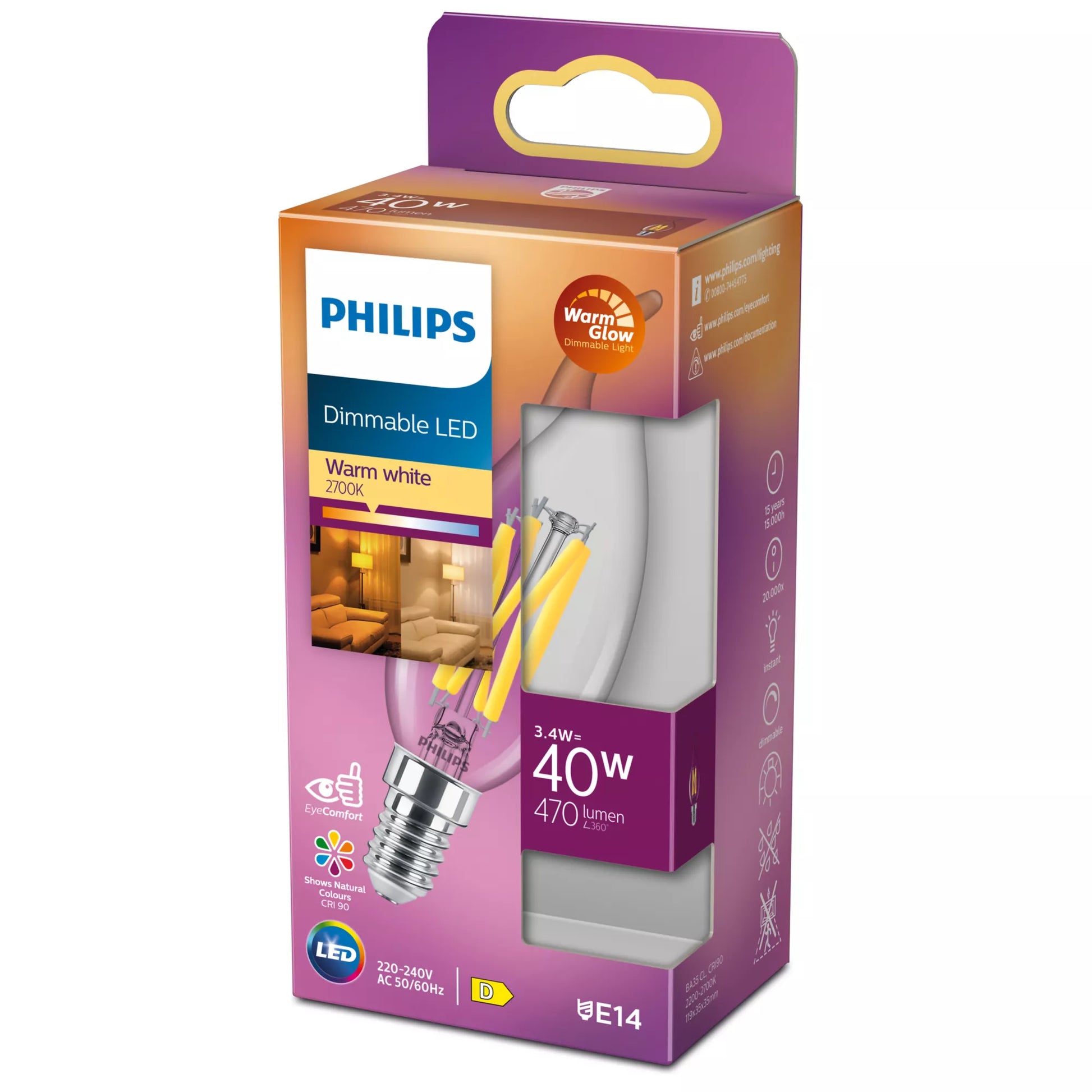 Philips by Signify Philips Leuchtmittel E14 Kerze – Warmweiss 2200–2700 K, 470 lm, 3,4 W, dimmbar – 1 Stk., Transparent, Glas