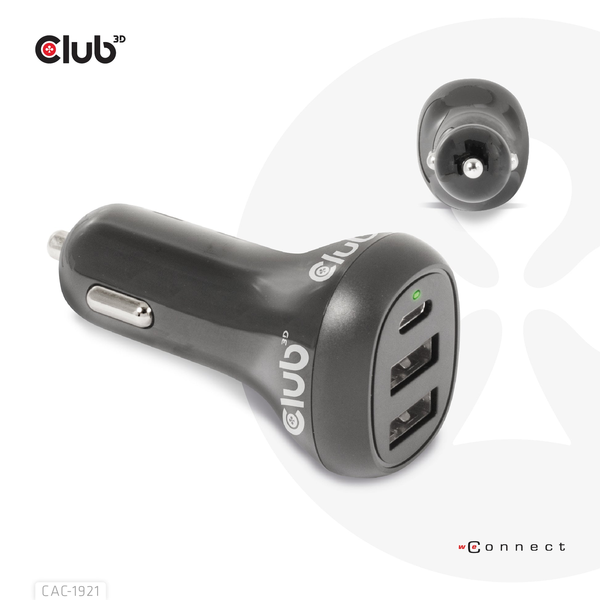 CLUB3D Club 3D CAC-1921 Auto-Ladegerät 36 W – USB-C×1, USB-A×2 – 12–24 V – Schwarz