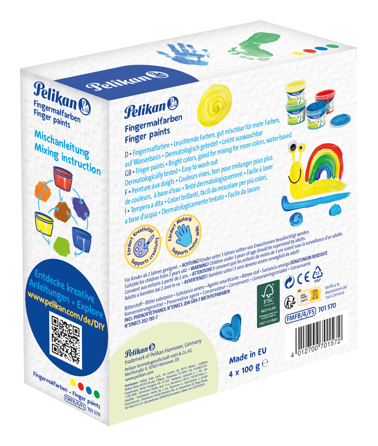 Pelikan Basis Fingerfarben – Blau/Grün/Rot/Gelb – 4 Farben, Box