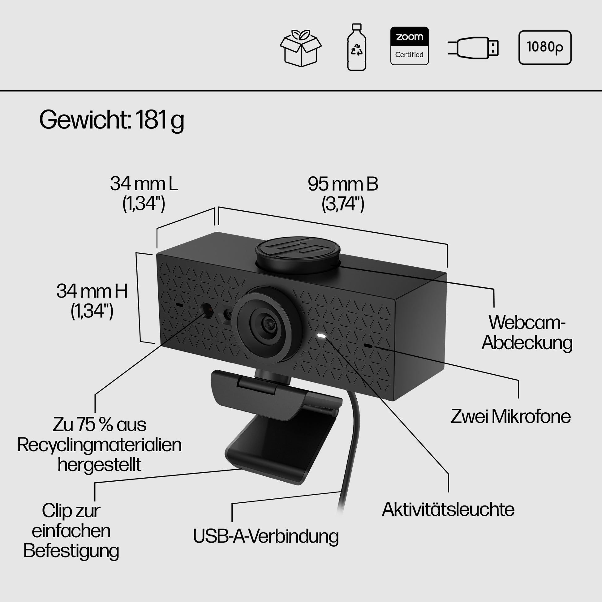 HP 620 Full HD-Webcam – 1080p, 60 fps, USB, Clip, Schwarz