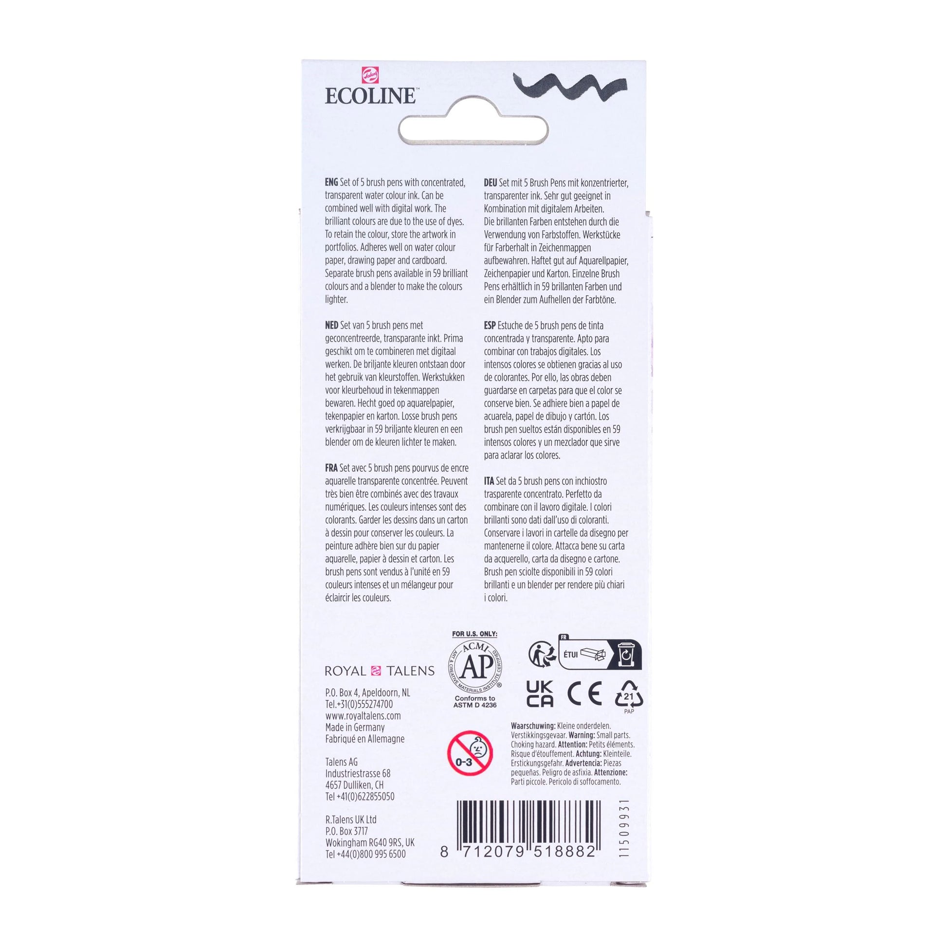 Talens Ecoline Brush Pen Pastell – Pinselspitze, wasservermalbar, 5 Farben