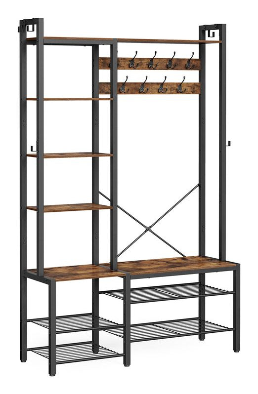 Vasagle Garderobe mit Schuhregal – 9 Haken, mit Ablage, Stahl/Spanplatte, Schwarz/Braun, 120 × 40 × 190 cm