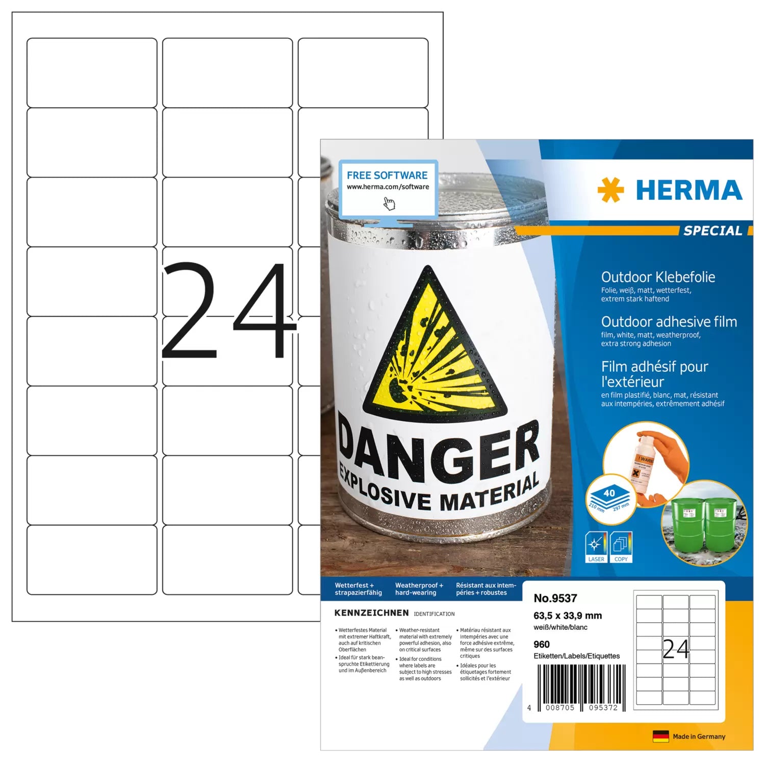 HERMA Selbstklebende Etiketten, 64 mm × 34 mm, weiss, Folie, extra stark, 40 Blätter (960 Etiketten)