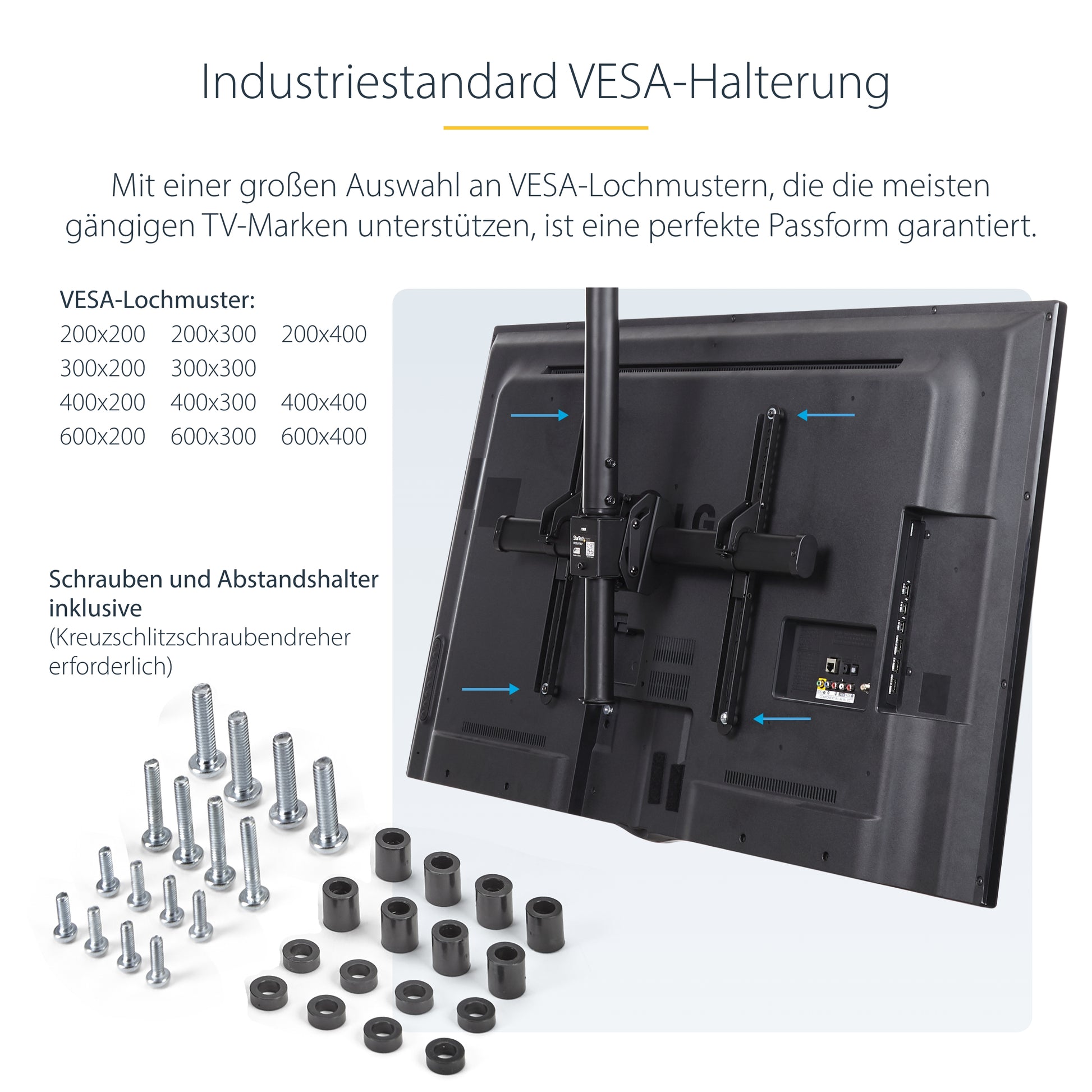 StarTech.com Deckenhalterung – 37–75" – VESA 200×200–600×400 – bis 50 kg, Teleskopmast – Schwarz