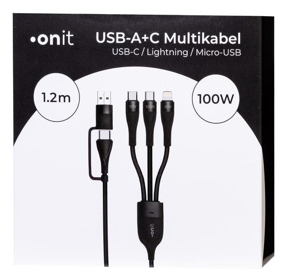 ONIT USB-Kabel – USB-A/USB-C zu USB-C/Lightning/Micro-USB-B – USB 2.0 (480 Mbit/s) – 1,2 m – PD 100 W