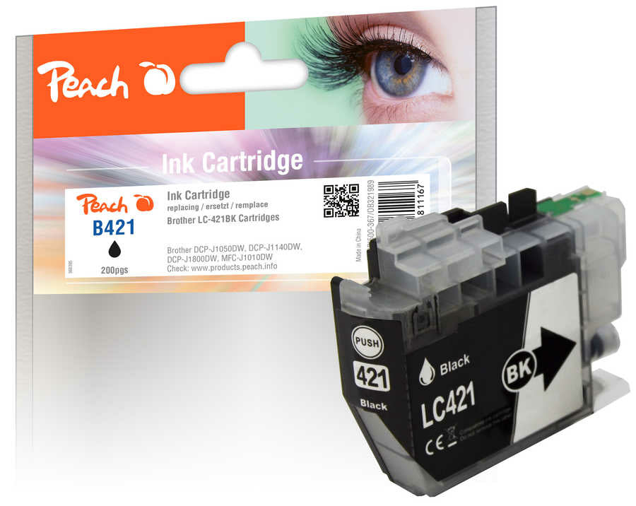 Peach LC-421BK Schwarz Tintenpatrone (Kompatibel) – 200 Seiten – für Brother DCPJ 1050/1140/1800 …