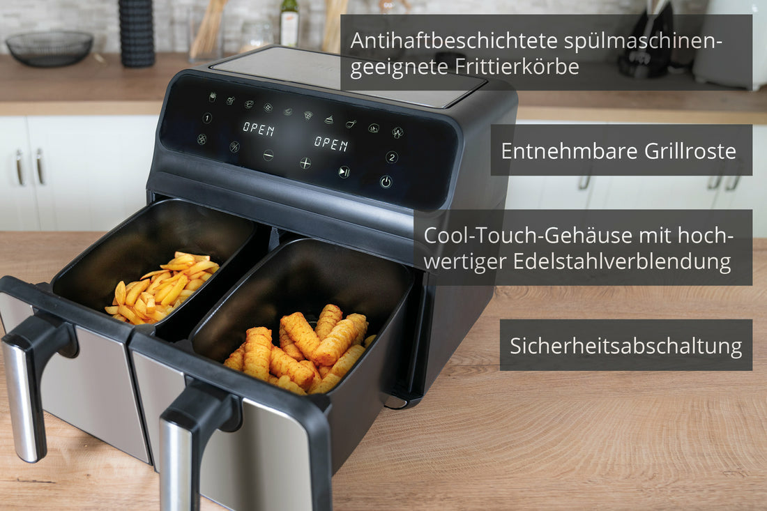 Unold Heissluftfritteuse TWIN ZONE 58685 – 8 l, Doppelkammer, 1700 W – Schwarz/Grau