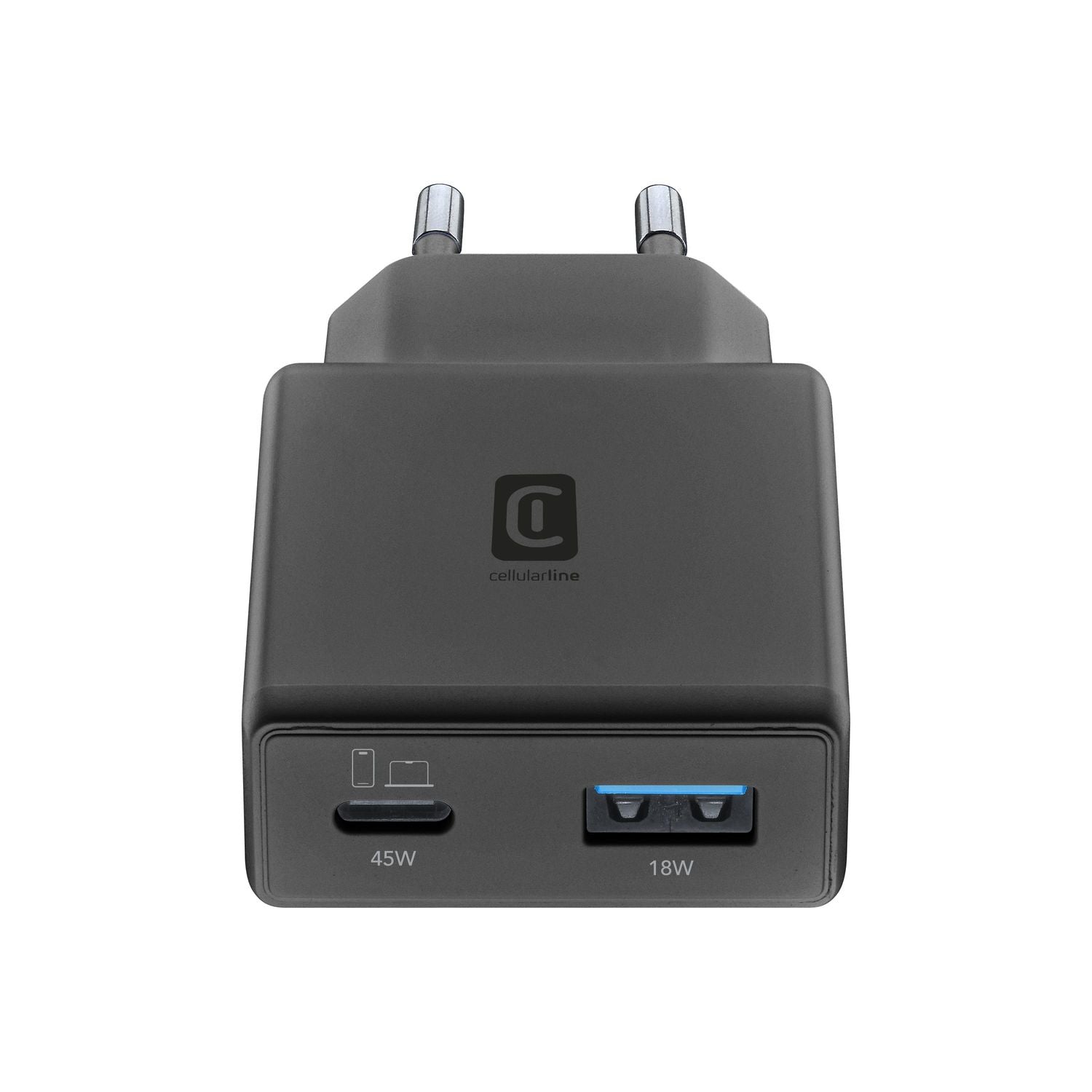 Cellularline Power Charger Lite Slim Dual USB-Ladegerät 45 W – USB-C×1, USB-A×1, PD, GaN – Schwarz