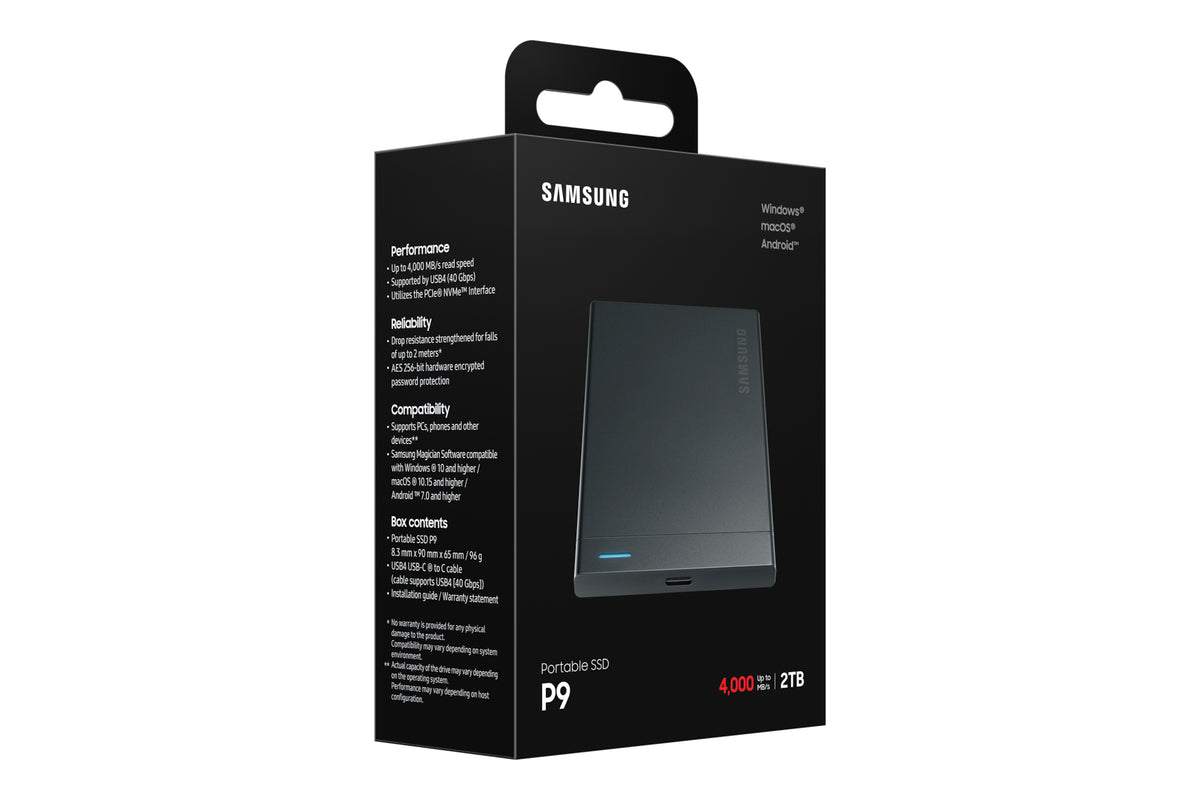 Samsung P9 2 TB Portable SSD – USB4 Gen 3x2, USB Typ-C, 4 000 MB/s lesen, 3 800 MB/s schreiben, Schwarz