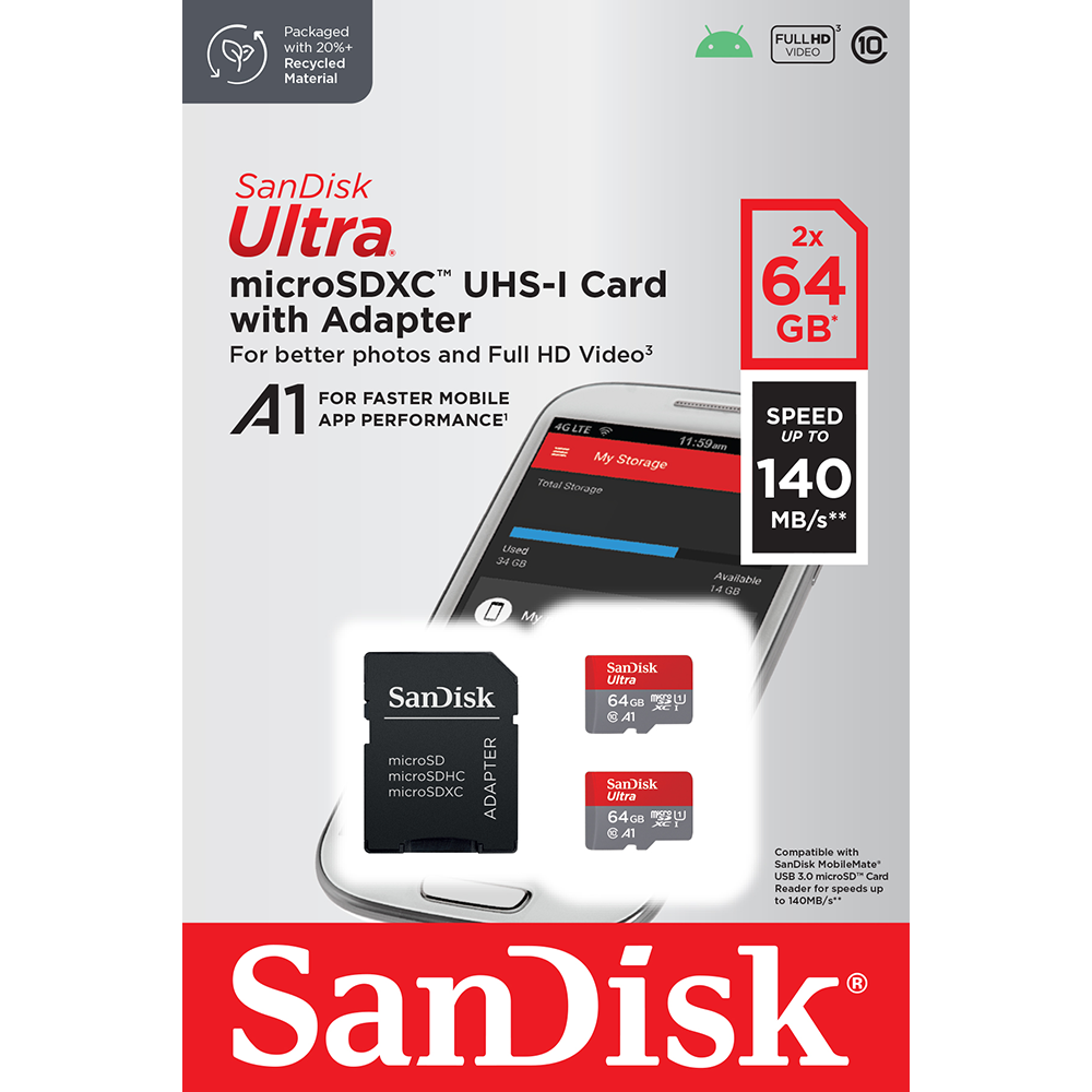 SanDisk Ultra microSDXC 64 GB – 140 MB/s, A1, Klasse 10, SD Adapter