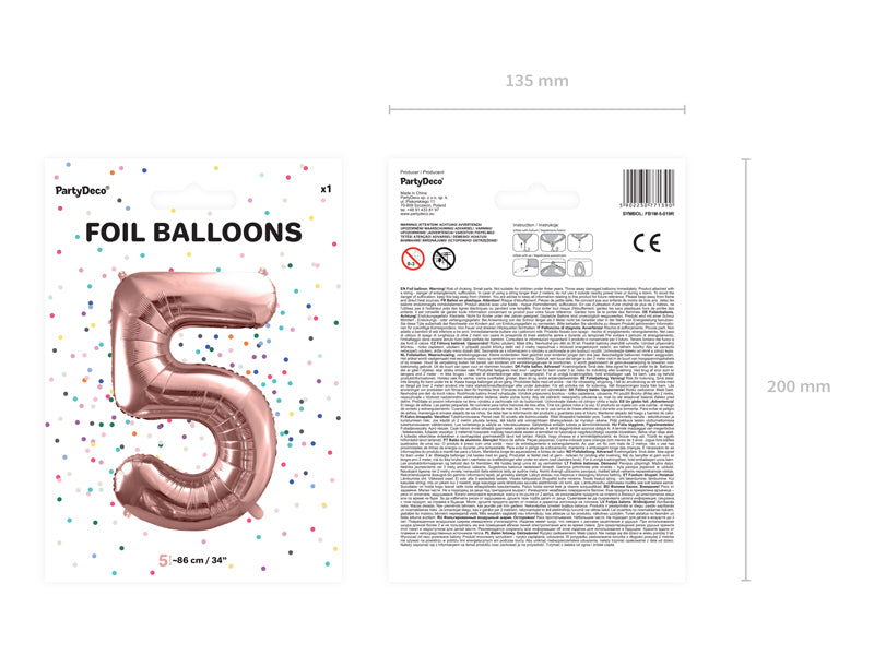 PartyDeco Folienballon Zahl 5 – Roségold – 86 cm – Folie – 1 Stk