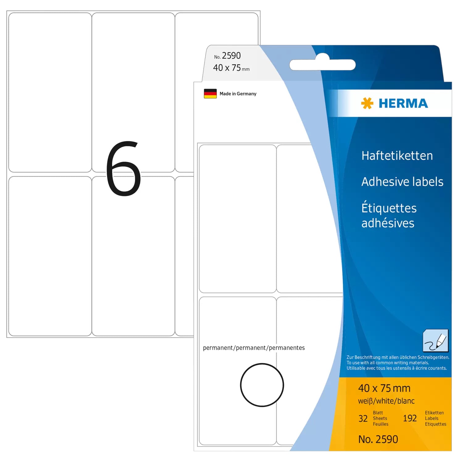 HERMA Schuletiketten – 40×75 mm, Abgerundete Ecken, 192 Stk, 32 Bogen, Papier, Permanent Haftend