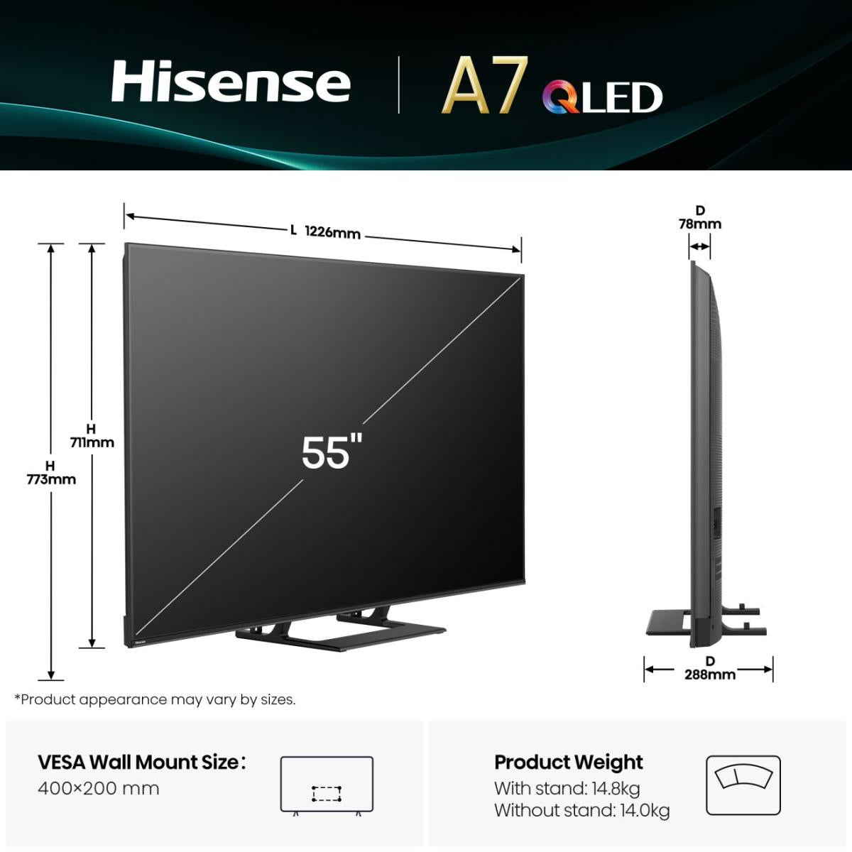 Hisense 55A7Q – 55" TV – 4K UHD – QLED – VIDAA U8 – 60 Hz – HDR10+