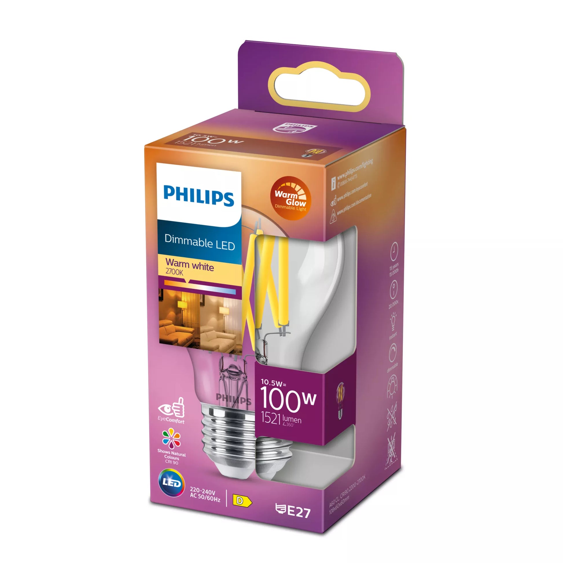 Philips by Signify Philips LED-Leuchtmittel E27 A-Form – Warmweiss 2200–2700 K, 1521 lm, 10,5 W, dimmbar – 1 Stk. – Klar