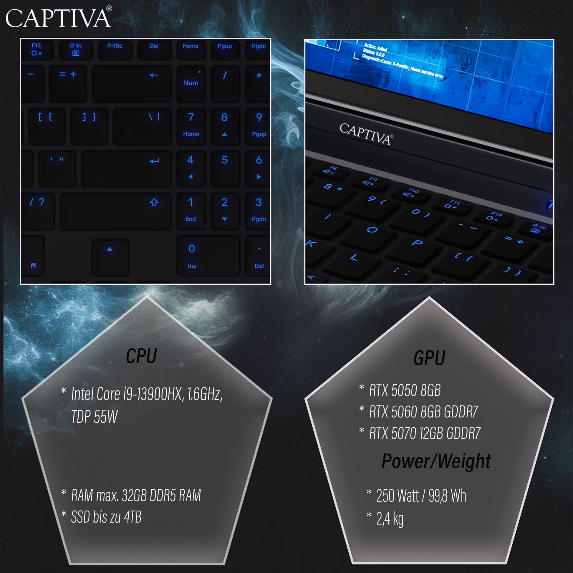 Captiva Highend Gaming I10-3444CH – 16" WQXGA, Core i9 14900HX, 16 GB, 1 TB SSD, RTX 5070 Ti, Win 11 Home