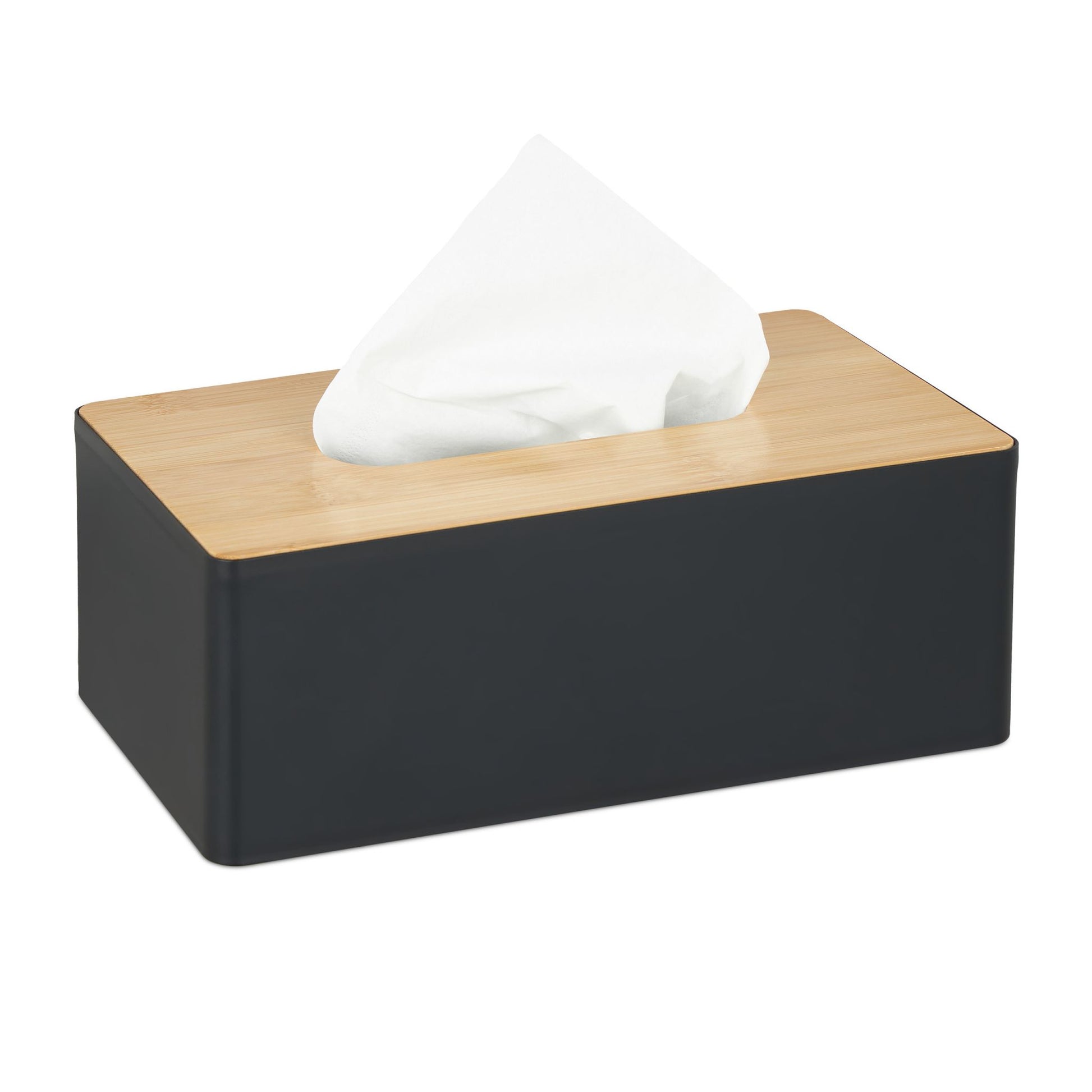 Relaxdays Kosmetiktuchbox – Tisch, Bambus/Polypropylen (PP), 14×26×10 cm, Schwarz/Natur