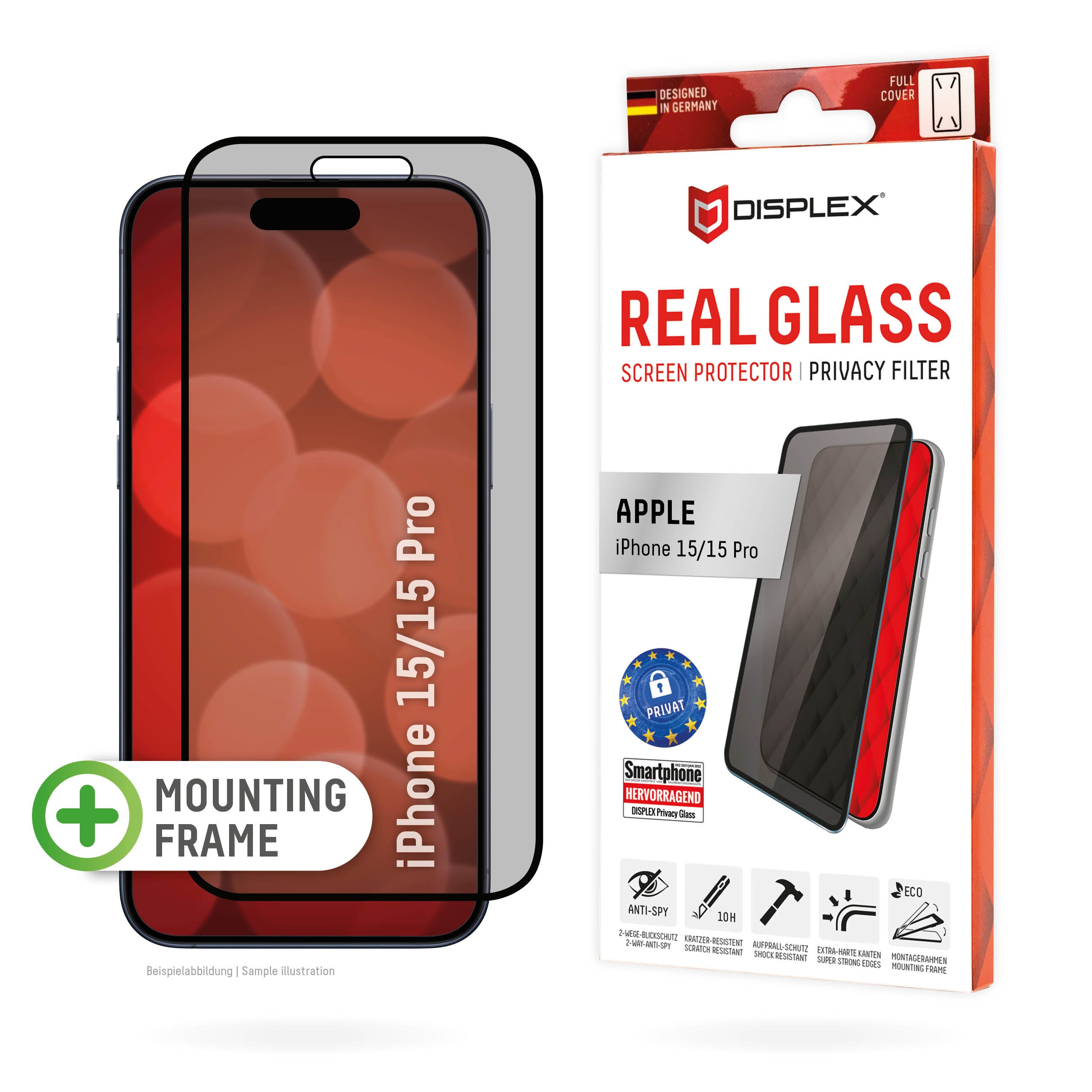 EVI Bildschirmschutzfolie – Displex Privacy Glass, Private Filterungsfunktion, iPhone 15/15 Pro