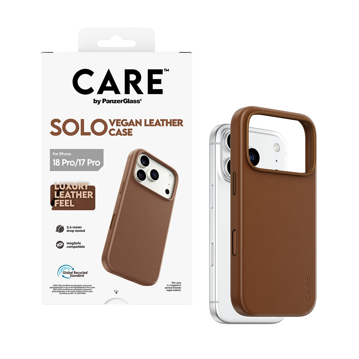 PanzerGlass CARE Solo – Rückcover – für Apple iPhone 18 Pro / 17 Pro, PU, Braun, bis 2,4 m sturzsicher